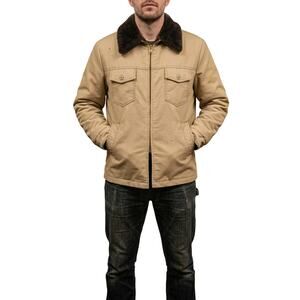 Vintage William Barry Mens Rancher Jacket Coat Faux Fur Collar Tan Size 44 L